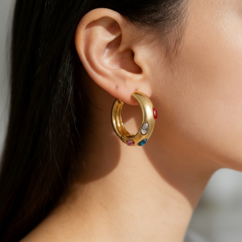 High Polish & PVD 14k Gold 316 Stainless Steel Crescent Earrings with Colorful Gemstones