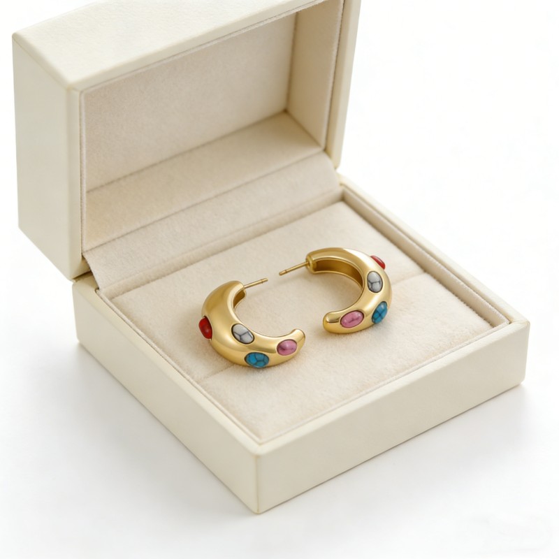 High Polish & PVD 14k Gold 316 Stainless Steel Crescent Earrings with Colorful Gemstones