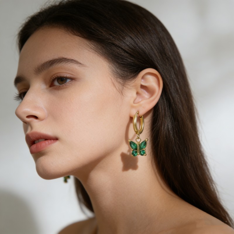 High Polish & PVD 14k Gold Adorable 316 Stainless Steel Butterfly Drop Hoop Earrings