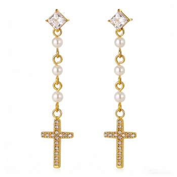 High Polish & PVD 14k Gold Elegant 316 Stainless Steel Cross Drop Earrings