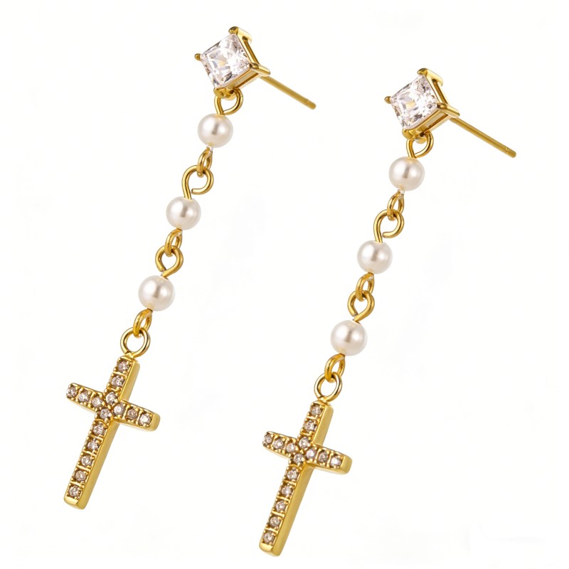 High Polish & PVD 14k Gold Elegant 316 Stainless Steel Cross Drop Earrings