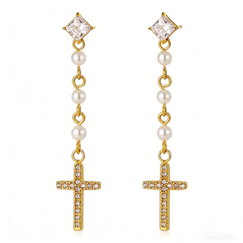 High Polish & PVD 14k Gold Elegant 316 Stainless Steel Cross Drop Earrings