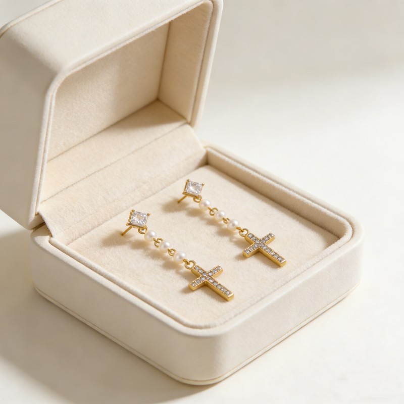 High Polish & PVD 14k Gold Elegant 316 Stainless Steel Cross Drop Earrings