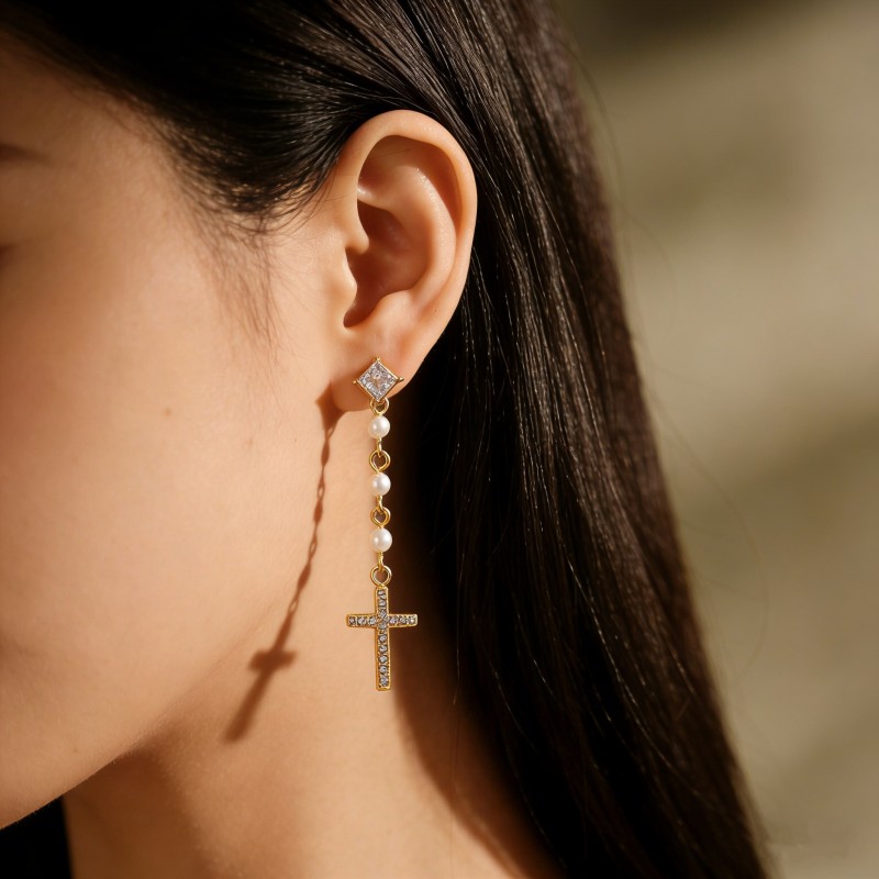 High Polish & PVD 14k Gold Elegant 316 Stainless Steel Cross Drop Earrings