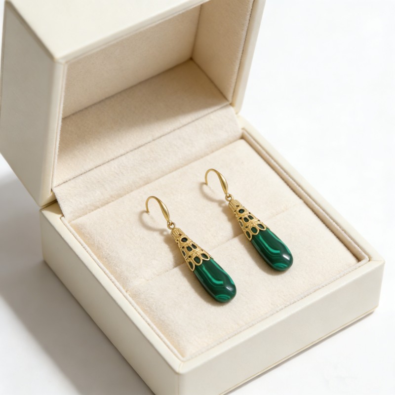 High Polish & PVD 14k Gold Luxurious 316 Stainless Steel Natural Malachite Drop Earrings