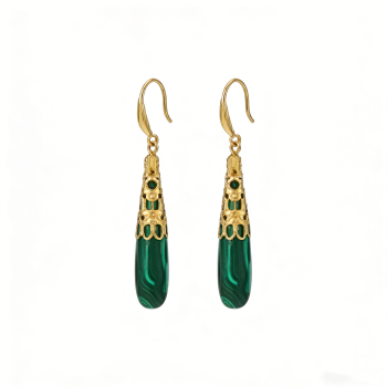 High Polish & PVD 14k Gold Luxurious 316 Stainless Steel Natural Malachite Drop Earrings