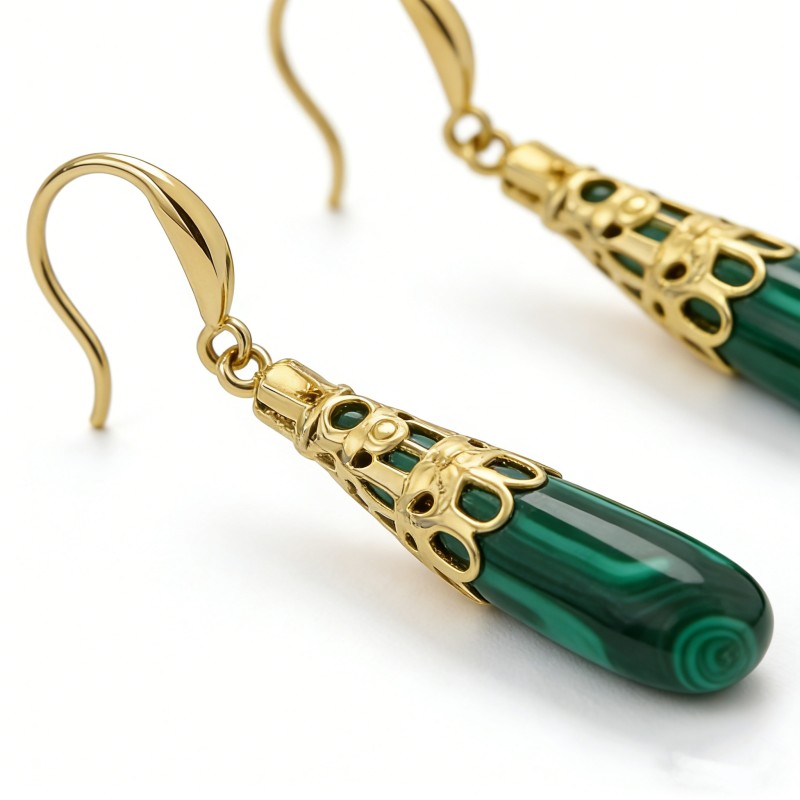 High Polish & PVD 14k Gold Luxurious 316 Stainless Steel Natural Malachite Drop Earrings