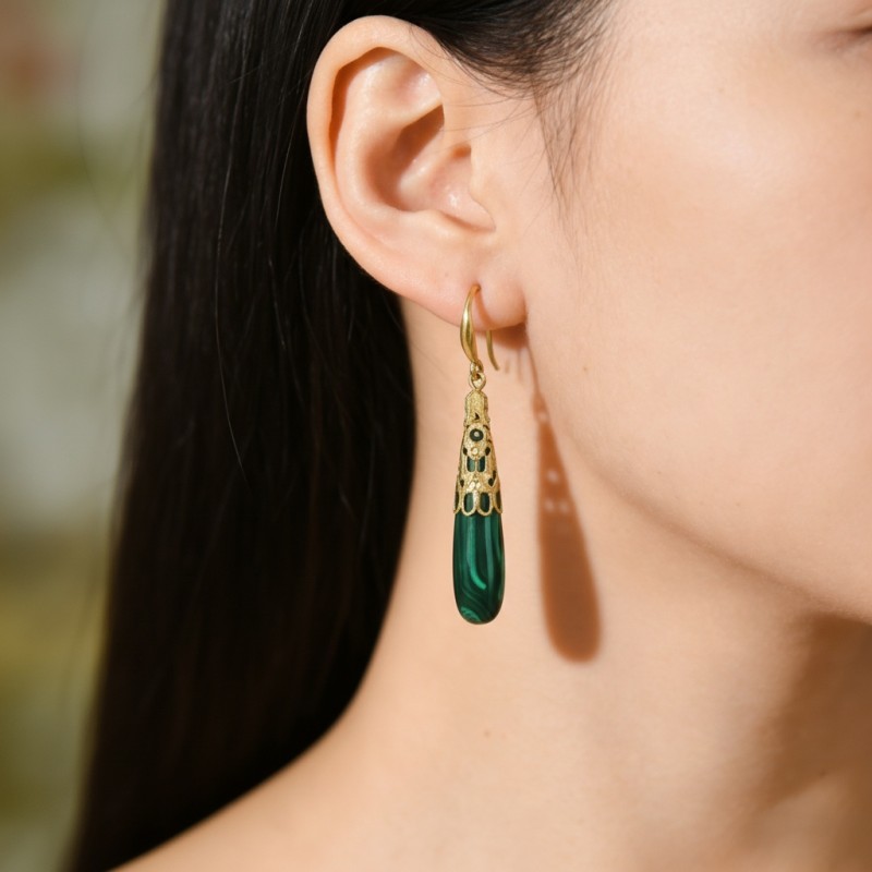 High Polish & PVD 14k Gold Luxurious 316 Stainless Steel Natural Malachite Drop Earrings