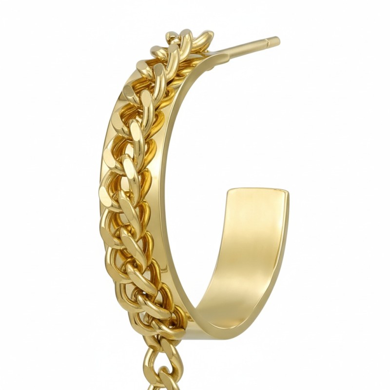 High Polish & PVD 18k Gold 316 Stainless Steel Hoop Earrings with Chain Tasse