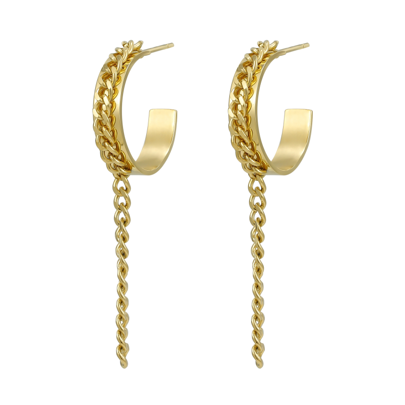 High Polish & PVD 18k Gold 316 Stainless Steel Hoop Earrings with Chain Tasse