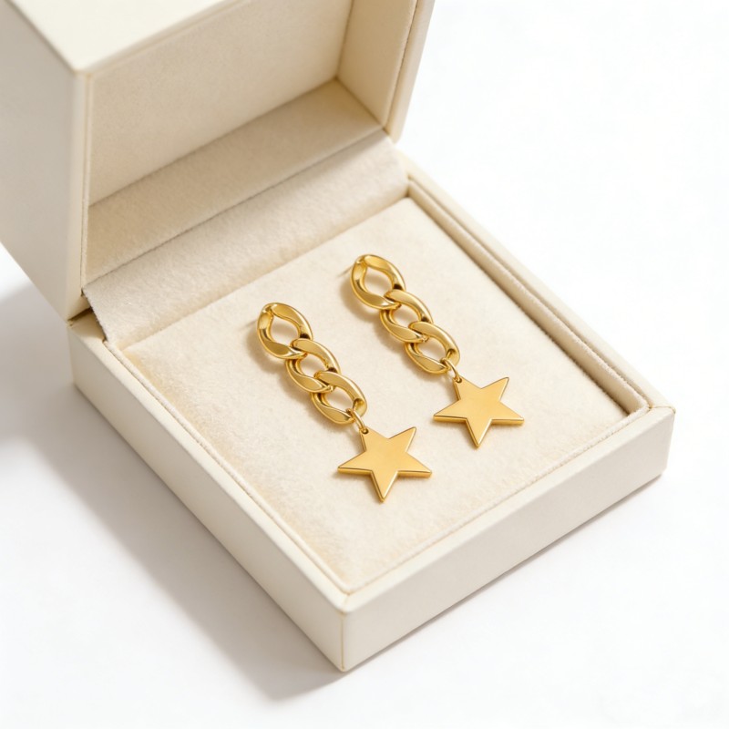 High Polish & PVD 18k Gold Trendy 316 Stainless Steel Chain Star Drop Earrings
