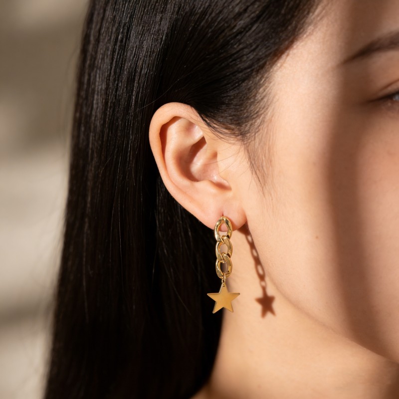 High Polish & PVD 18k Gold Trendy 316 Stainless Steel Chain Star Drop Earrings