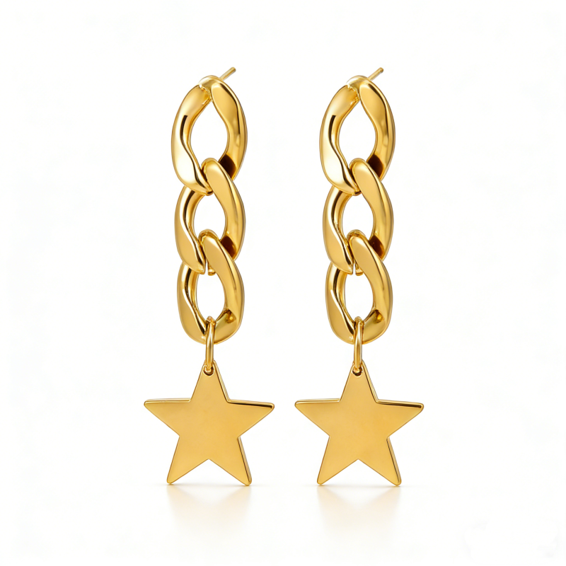High Polish & PVD 18k Gold Trendy 316 Stainless Steel Chain Star Drop Earrings