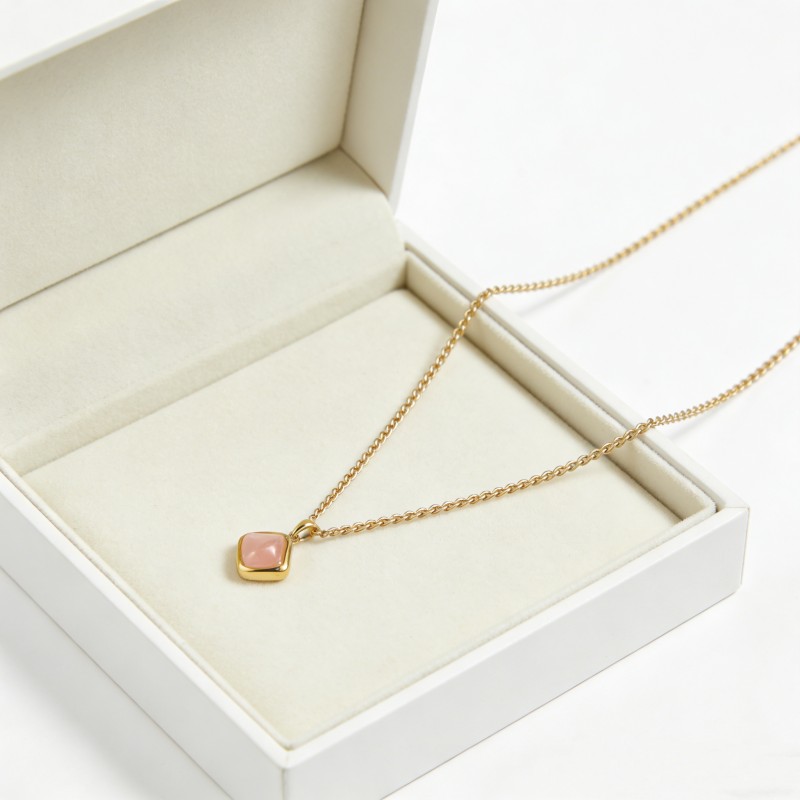 316 Stainless Steel Pendant Necklace with Pink Gemstone – Adjustable 45+5cm