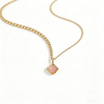 316 Stainless Steel Pendant Necklace with Pink Gemstone – Adjustable 45+5cm