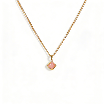 316 Stainless Steel Pendant Necklace with Pink Gemstone – Adjustable 45+5cm