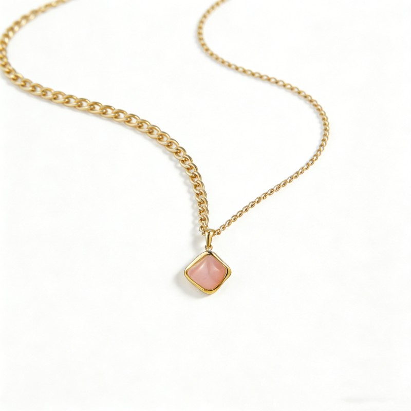 316 Stainless Steel Pendant Necklace with Pink Gemstone – Adjustable 45+5cm