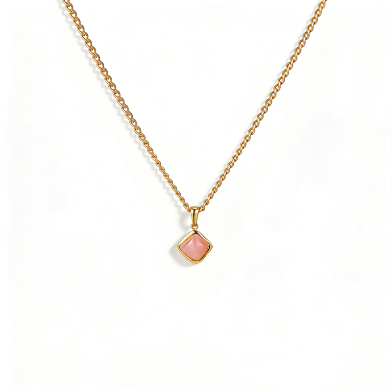 316 Stainless Steel Pendant Necklace with Pink Gemstone – Adjustable 45+5cm