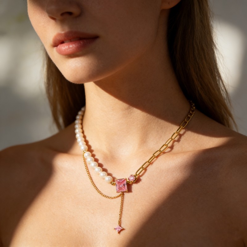 316L Stainless Steel Gold-Plated Layered Necklace – Shell Pearl & Zircon Accents, 40+5cm, 3.5mm, 13.12g