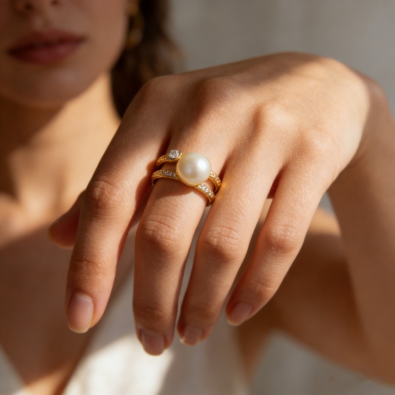 PVD 14K Gold High Polish 316L Stainless Steel &Freshwater natural Pearl & Zircon Double-Band Ring