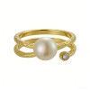 PVD 14K Gold High Polish 316L Stainless Steel &Freshwater natural Pearl & Zircon Double-Band Ring