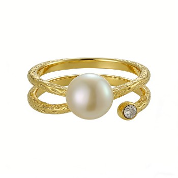 PVD 14K Gold High Polish 316L Stainless Steel &Freshwater natural Pearl & Zircon Double-Band Ring