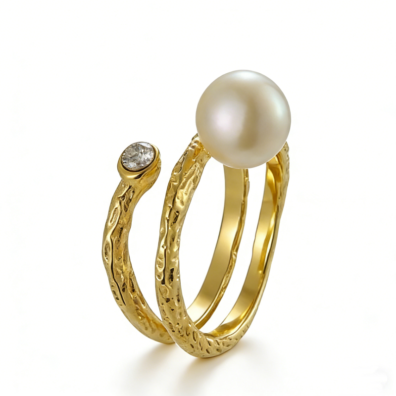 PVD 14K Gold High Polish 316L Stainless Steel &Freshwater natural Pearl & Zircon Double-Band Ring