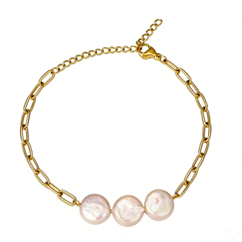 PVD 14k Gold Stainless Steel Pearl Bracelet - 17cm Adjustable Chain, 3.2g Freshwater Pearl Jewelry