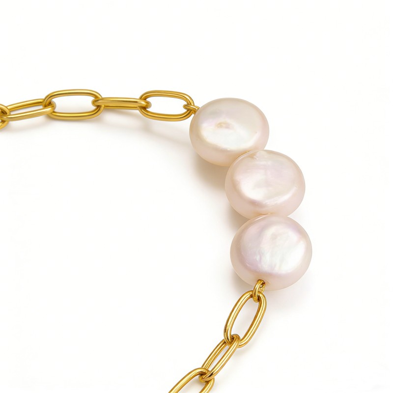 PVD 14k Gold Stainless Steel Pearl Bracelet - 17cm Adjustable Chain, 3.2g Freshwater Pearl Jewelry
