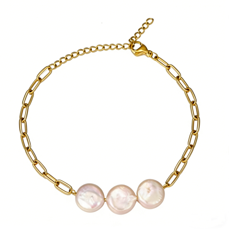 PVD 14k Gold Stainless Steel Pearl Bracelet - 17cm Adjustable Chain, 3.2g Freshwater Pearl Jewelry
