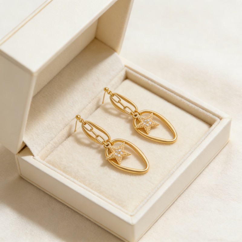 PVD 14K Gold & High Polish 316 Stainless Steel Double-Hoop Earrings with Zircon Star