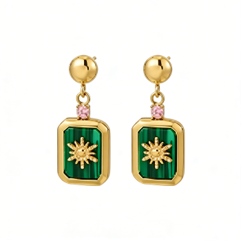 PVD 14K Gold &High Polish316L Stainless Steel Sunburst Earring Malachite-Inlaid Design