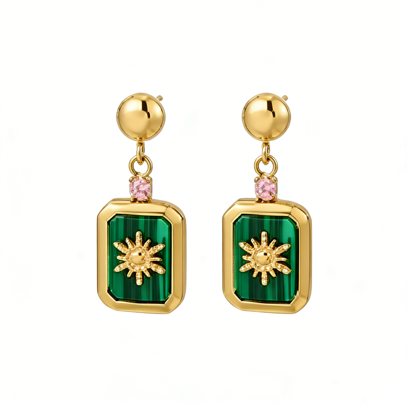PVD 14K Gold &High Polish316L Stainless Steel Sunburst Earring Malachite-Inlaid Design