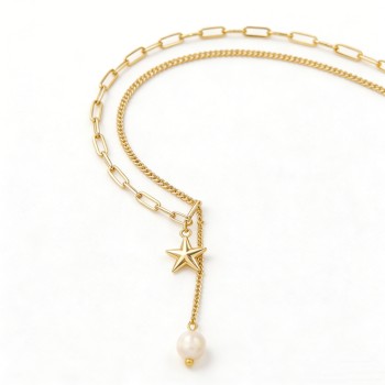 316L Stainless Steel Gold-Plated Layered Necklace – Shell Pearl Accents, 40+5cm, 2.6mm Width, 6.4g