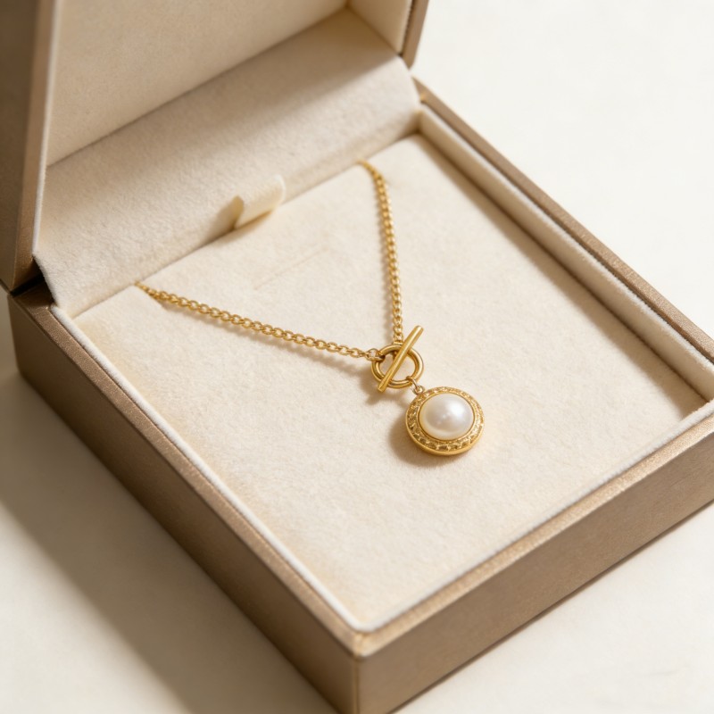 316L Stainless Steel Gold-Plated Necklace with Pearl Pendant – 46cm Length, 3mm Width, 10.9g
