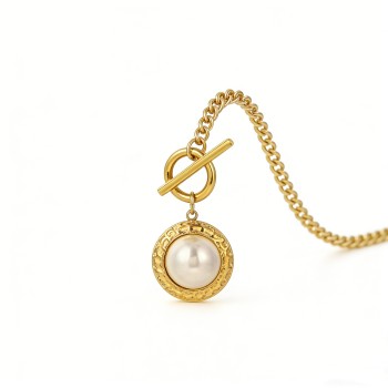 316L Stainless Steel Gold-Plated Necklace with Pearl Pendant – 46cm Length, 3mm Width, 10.9g