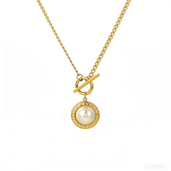 316L Stainless Steel Gold-Plated Necklace with Pearl Pendant – 46cm Length, 3mm Width, 10.9g