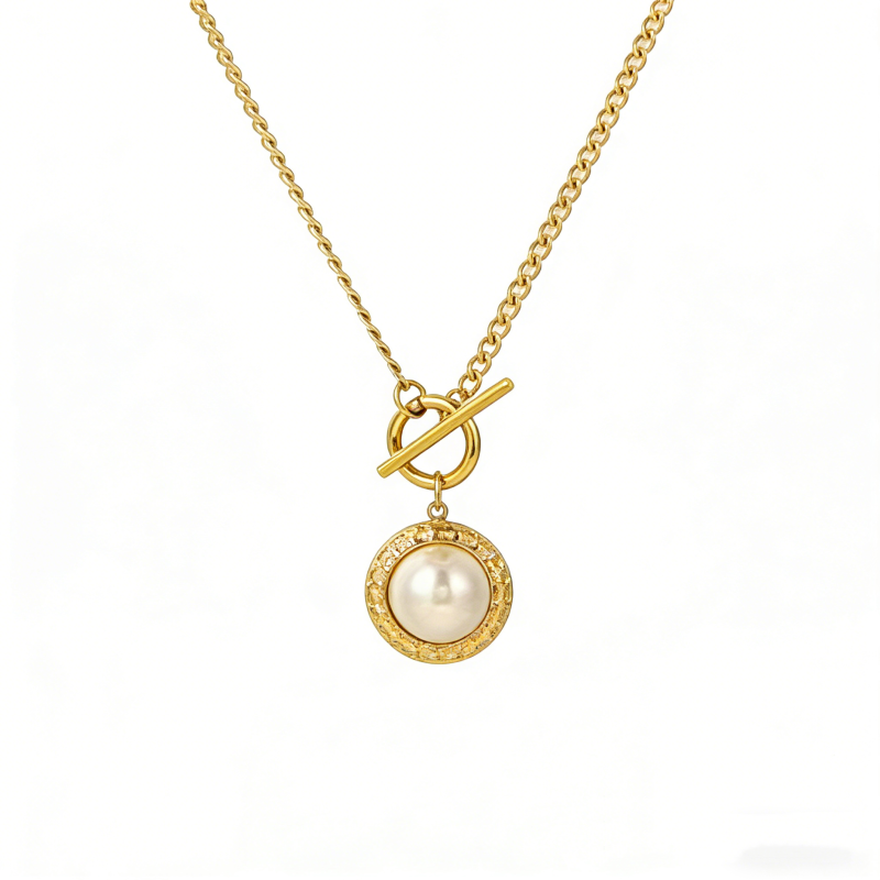316L Stainless Steel Gold-Plated Necklace with Pearl Pendant – 46cm Length, 3mm Width, 10.9g