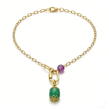 316L Stainless Steel Gold-Plated Pendant Necklace – Amethyst & Aventurine, 48+5cm, 2.5mm, 18.7g