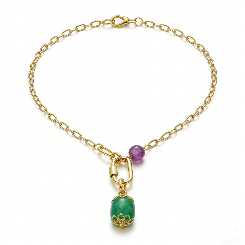 316L Stainless Steel Gold-Plated Pendant Necklace – Amethyst & Aventurine, 48+5cm, 2.5mm, 18.7g