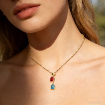 316L Stainless Steel Gold-Plated Pendant Necklace–Zircon Accents, 20+5cm, 2mm Width, 19.73g