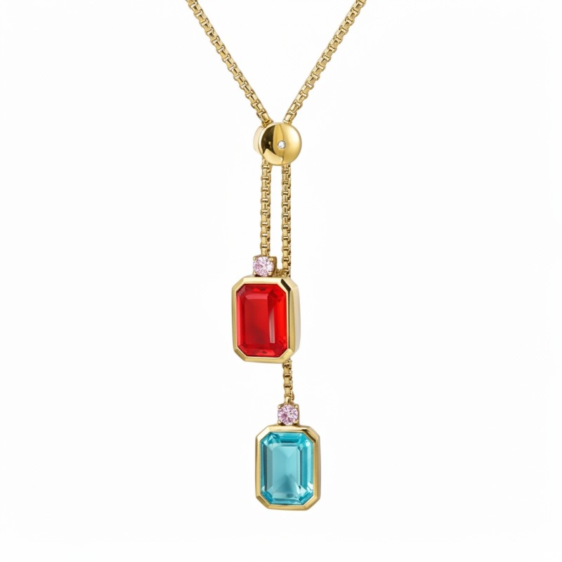 316L Stainless Steel Gold-Plated Pendant Necklace–Zircon Accents, 20+5cm, 2mm Width, 19.73g