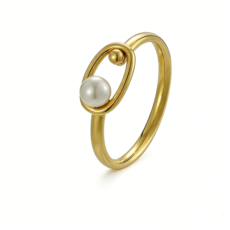 High Polish PVD 14K Gold 316L Stainless Steel & Double-Band Freshwater Pearl Ring