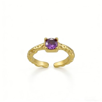 High Polish PVD 14K Gold 316L Stainless Steel & Purple Zircon Cuff Ring