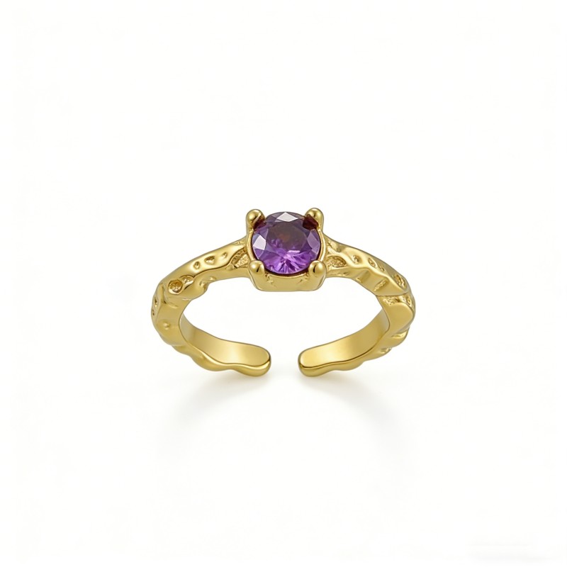 High Polish PVD 14K Gold 316L Stainless Steel & Purple Zircon Cuff Ring