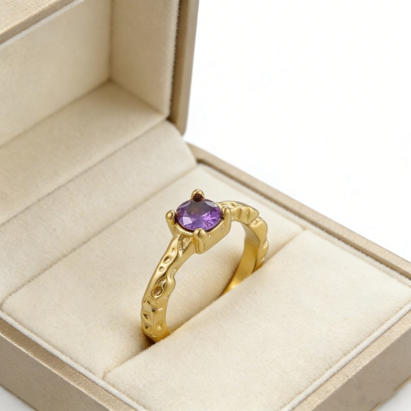 High Polish PVD 14K Gold 316L Stainless Steel & Purple Zircon Cuff Ring
