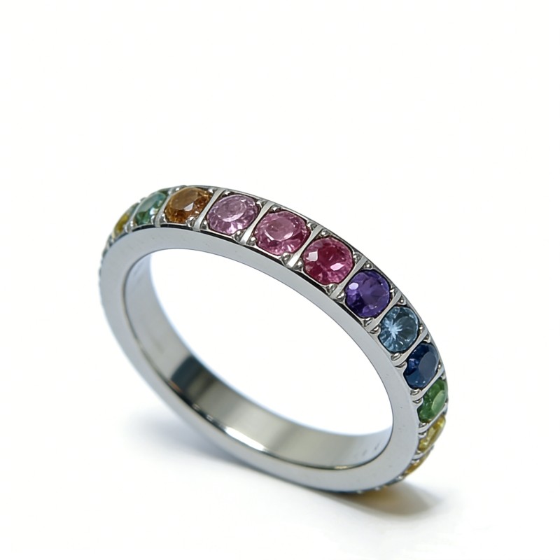 High Polish PVD 14K Gold 316L Stainless Steel &Multi-Color Zircon Band Ring