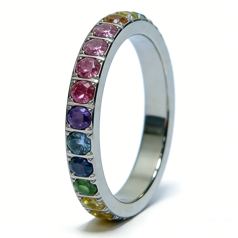 High Polish PVD 14K Gold 316L Stainless Steel &Multi-Color Zircon Band Ring