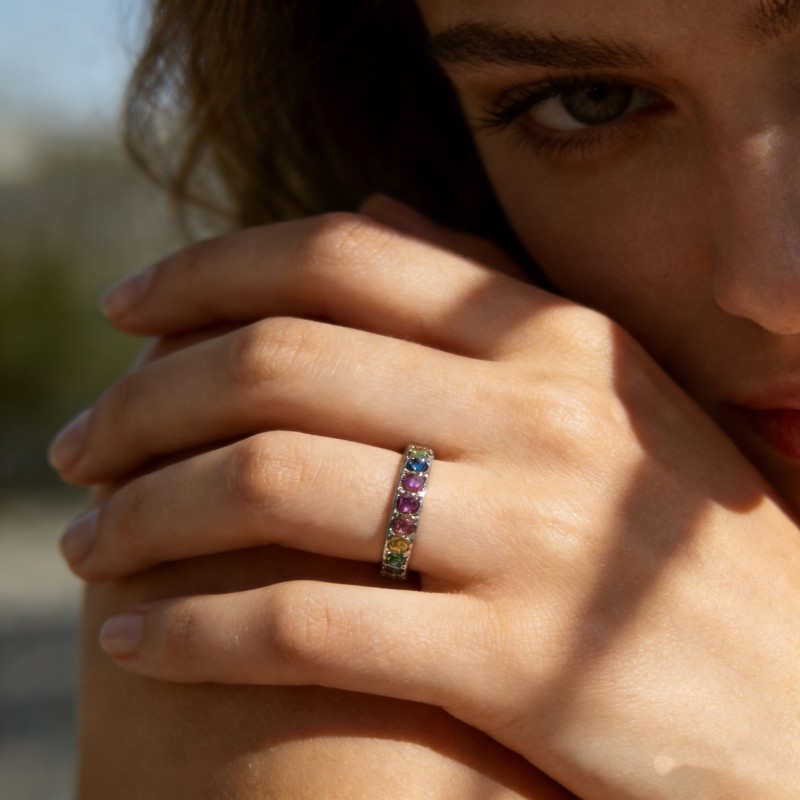 High Polish PVD 14K Gold 316L Stainless Steel &Multi-Color Zircon Band Ring