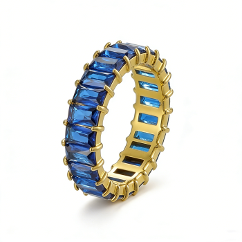PVD 14K Gold &High Polish 316L Stainless Steel & Blue Zircon Band Ring